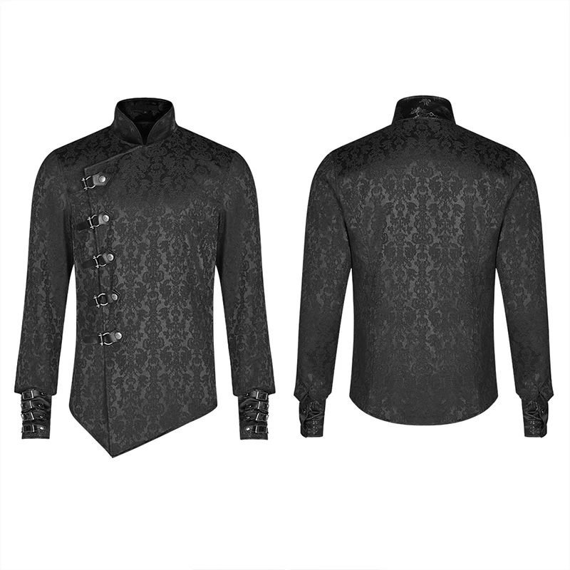 Punk Men Stand Collar Jacquard Fabric Long Sleeve Shirt With Oblique Placket Design - Image 4