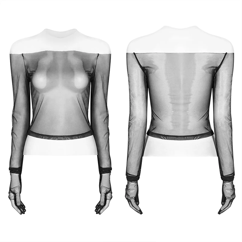 PUNK Off The Shoulder Elastic Transparent Mesh Long Sleeve T-shirt For Women - Image 4