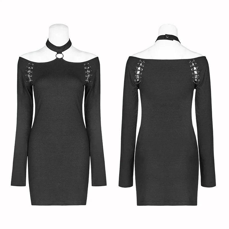 Punk Over Hip Halter Neck Long Sleeve Dress For Women - Image 4
