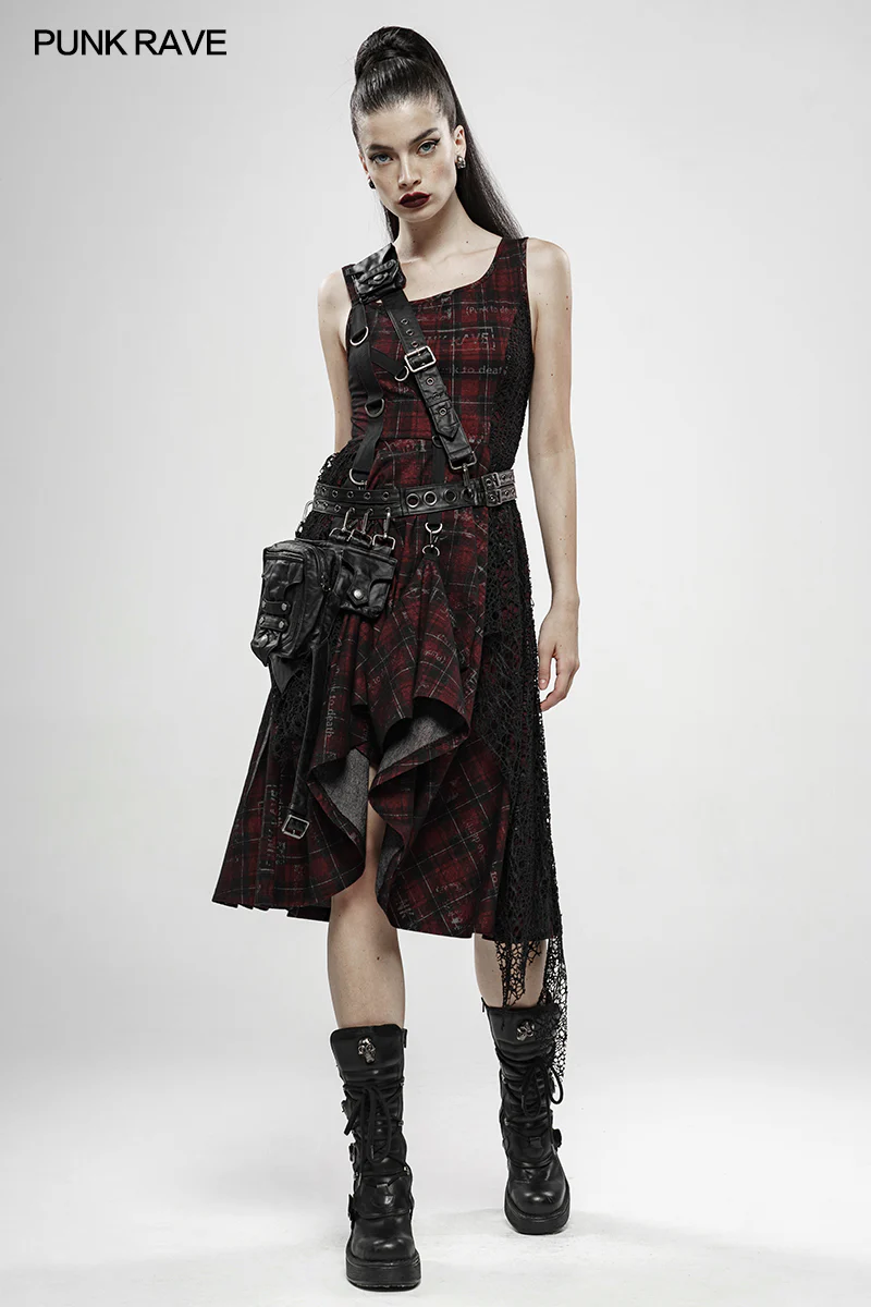 Punk Rebellious Girl Irregular Dress - Red - Image 6