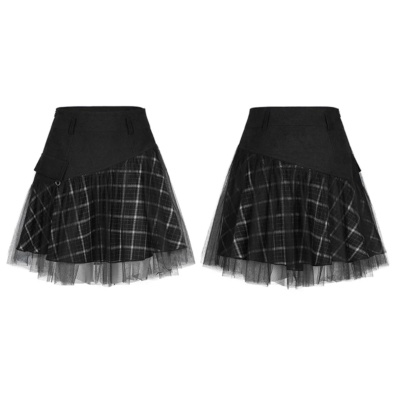 "PUNK" series mesh stitched plaid high-waisted skirt - Image 9
