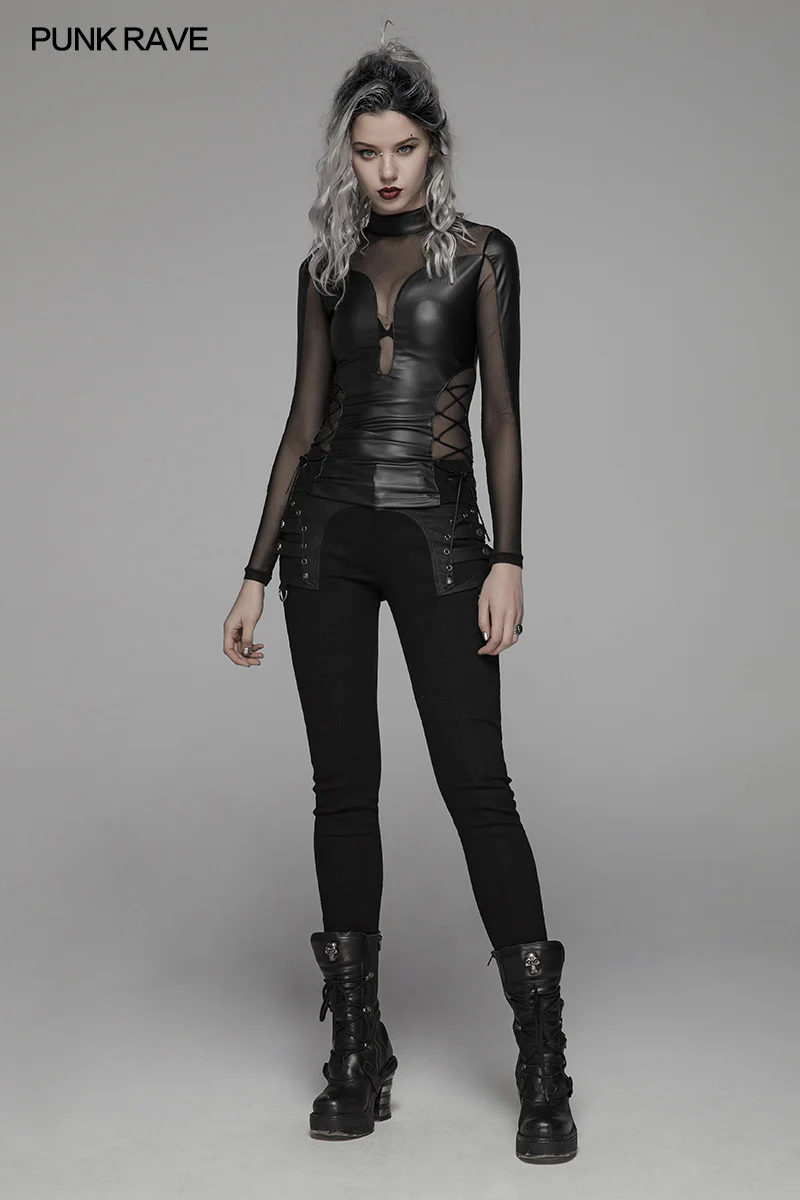 Punk Sexy PU Leather And Elastic Mesh Stitching Long Sleeve T-shirt For Women - Image 6