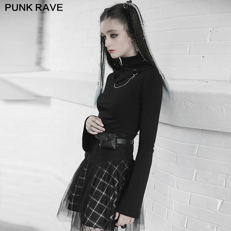 Punk strap chain decorated trumpet sleeve fit T-shirt - Image 2