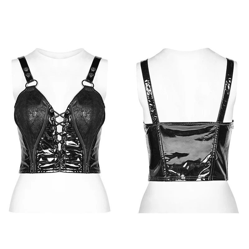 Punk Stretch-gloss Coated Knitted Strap Short Vest - Image 5