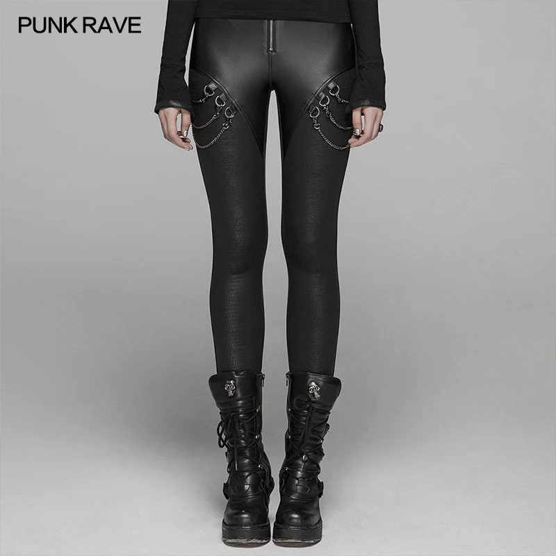 PUNK Women PU Leather Leggings Crack Velvet Tight Pants With Detachable Metal Chain - Image 3