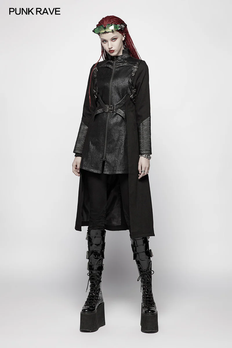 Punk Women Standing Collar Warrior High Low Long Coat - Image 6