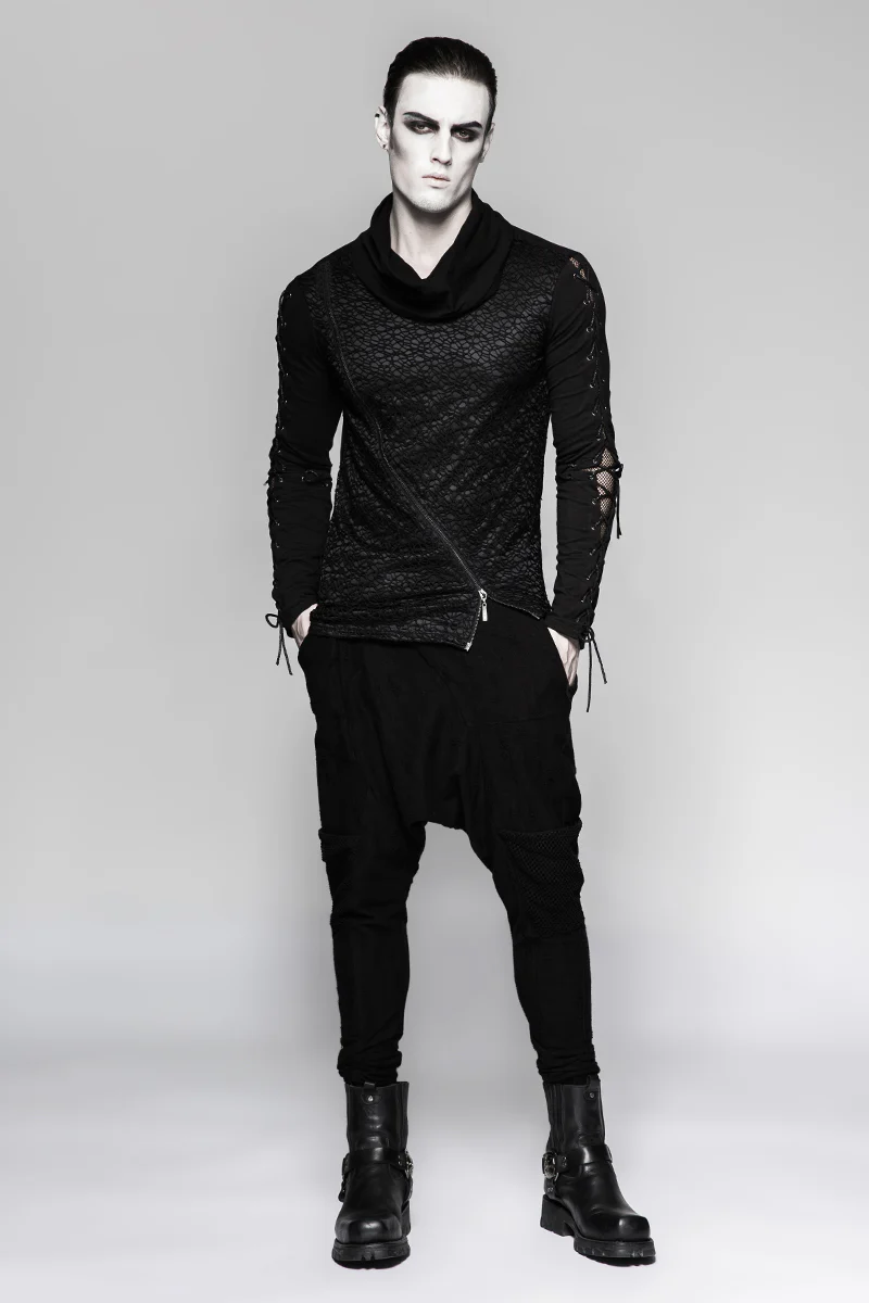 Rock Zipper High Collar Drawstring Long Sleeve Punk T-shirts - Image 6