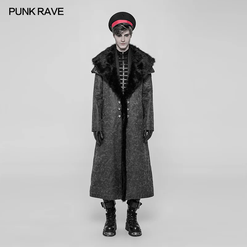 Royal Alliance Warlord Punk Mottled Textures Thick Long Coat With Removable Faux Fur Collar