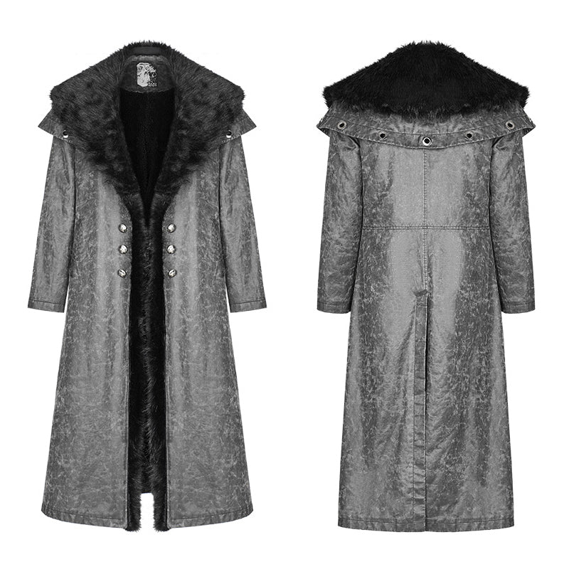 Royal Alliance Warlord Punk Mottled Textures Thick Long Coat With Removable Faux Fur Collar - Image 4