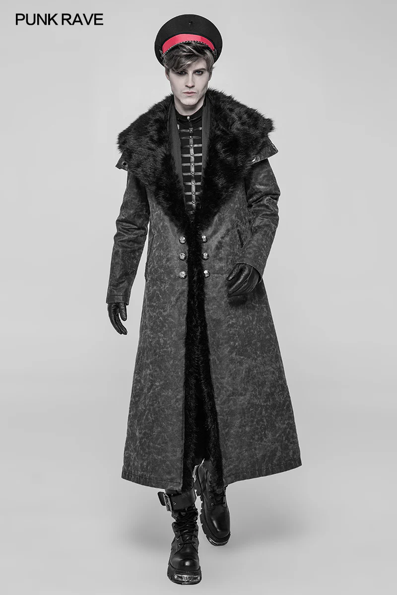 Royal Alliance Warlord Punk Mottled Textures Thick Long Coat With Removable Faux Fur Collar - Image 6