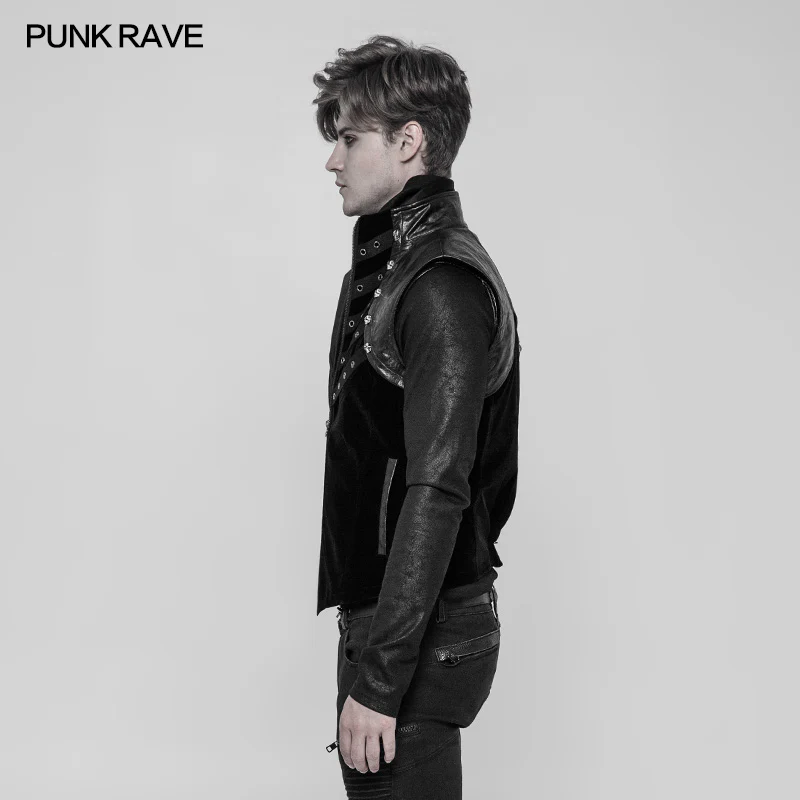 Royal Cavalry Force Punk Vest Velvet Leather Stand Collar Waistcoat For Men