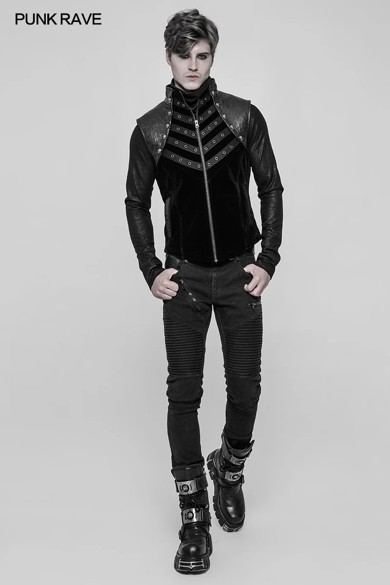 Royal Cavalry Force Punk Vest Velvet Leather Stand Collar Waistcoat For Men - Image 5