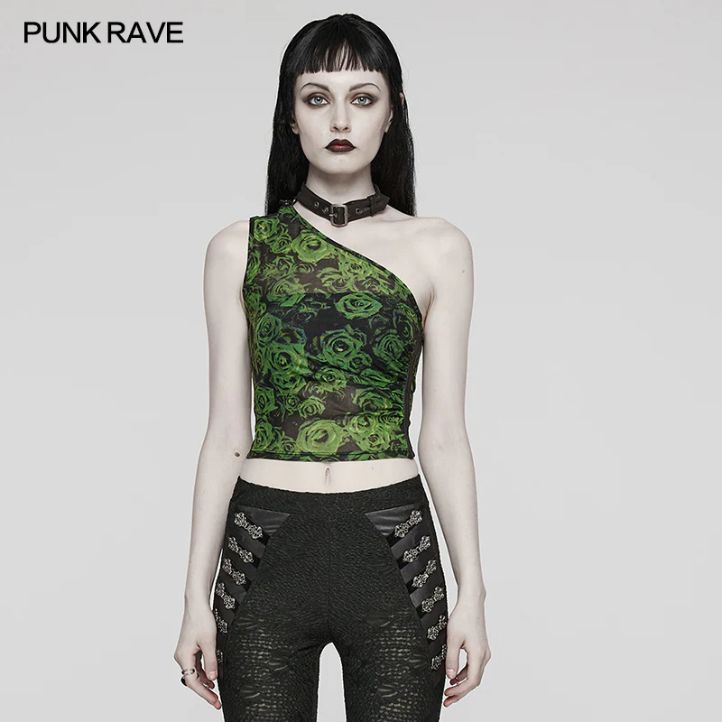 Sexy Asymmetric off shoulder mesh printed top