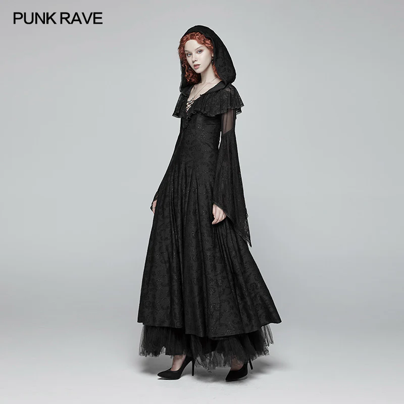 Sexy Goth Lace-up V Neck Long Sleeves Long Dress - Image 2