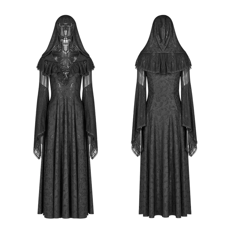 Sexy Goth Lace-up V Neck Long Sleeves Long Dress - Image 4