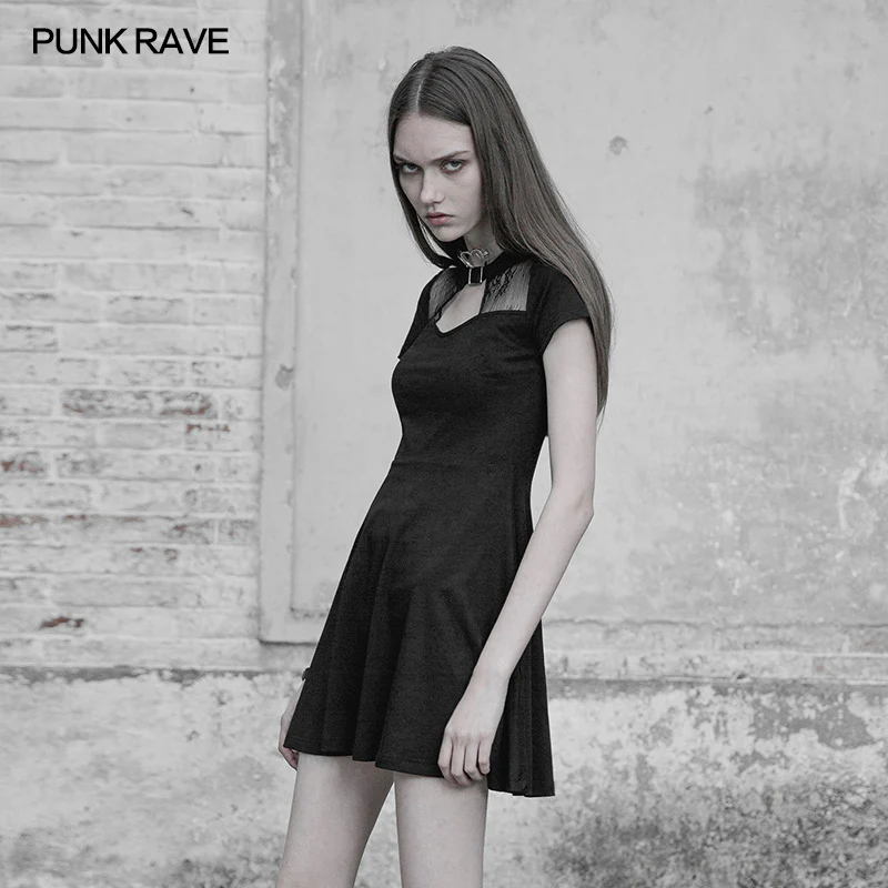 Sexy Hollow Out Lace Stitching Knit Gothic Dress With Buckle Collar Design - Image 2