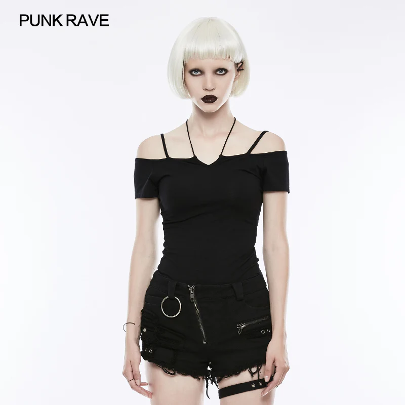 Sexy Off The Shoulder Slim Gothic T-shirt Tie Rope Necklace Top