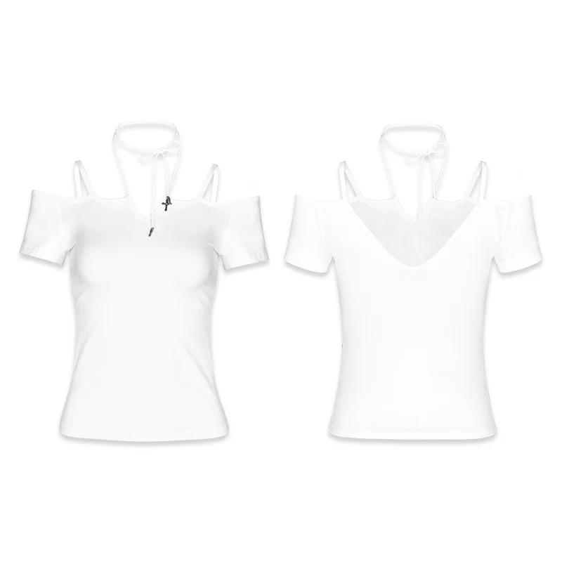 Sexy Off The Shoulder Slim Gothic T-shirt Tie Rope Necklace Top - Image 10