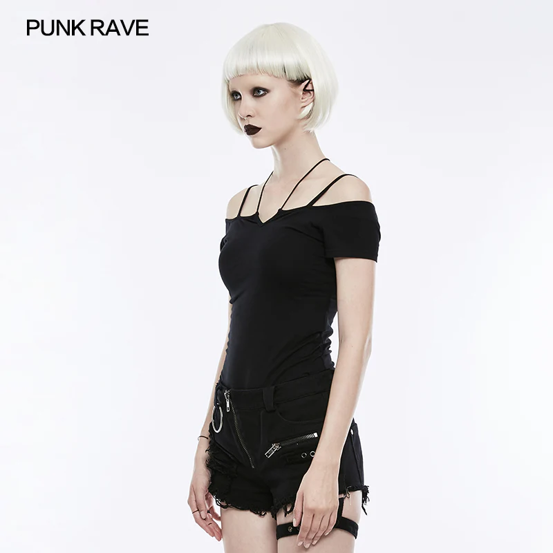 Sexy Off The Shoulder Slim Gothic T-shirt Tie Rope Necklace Top - Image 2