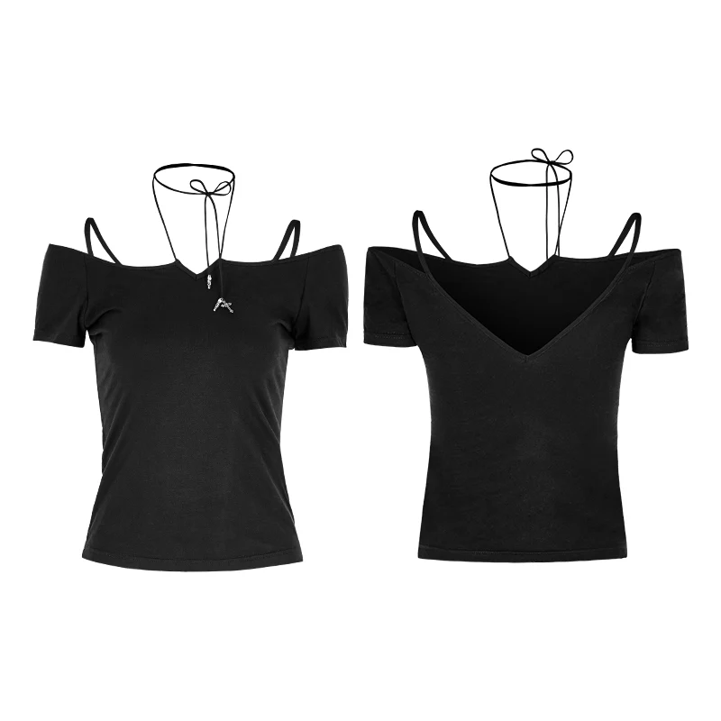 Sexy Off The Shoulder Slim Gothic T-shirt Tie Rope Necklace Top - Image 4