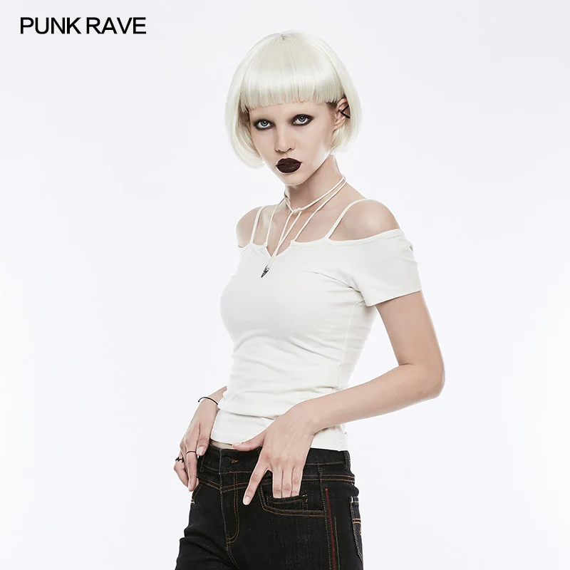 Sexy Off The Shoulder Slim Gothic T-shirt Tie Rope Necklace Top - Image 8