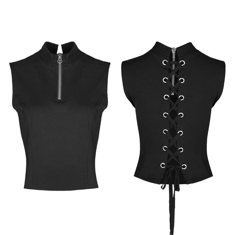 Sexy Sleeveless Zipper Punk T-shirt With Wearing Rope Design - Image 4