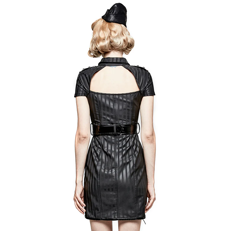 Short Military Fetish Striped Leather Gothic Dresses - Image 3