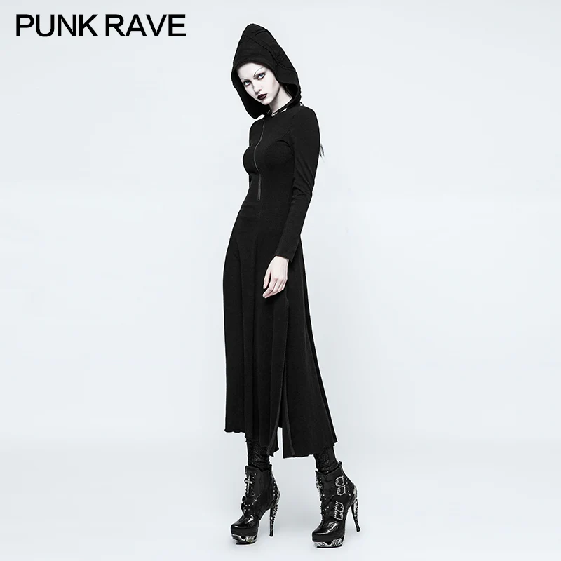 Slim Sexy Black Knitted Hooded Gothic Dresses With Hollow-out Back - Image 2