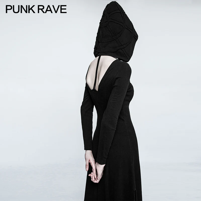 Slim Sexy Black Knitted Hooded Gothic Dresses With Hollow-out Back - Image 3