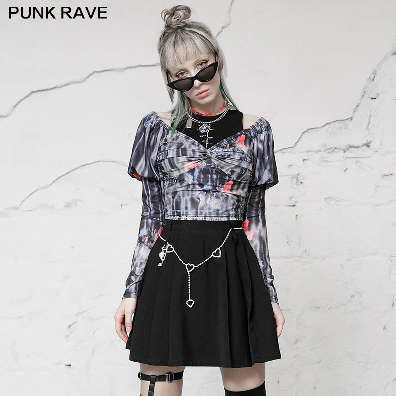 Square-cut collar stretch mesh printed Top