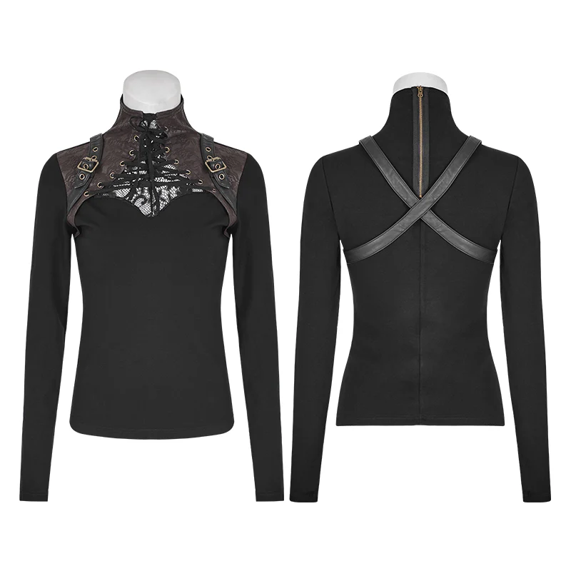 Steampunk Anti-straps Long Sleeve Punk T-shirts With High Neck Collar - Image 4