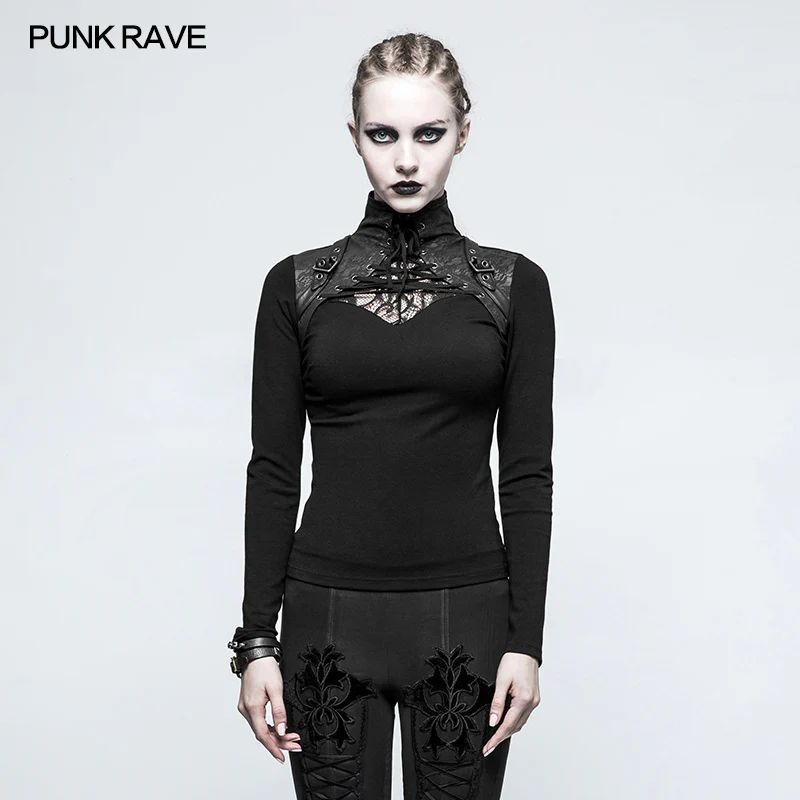 Steampunk Anti-straps Long Sleeve Punk T-shirts With High Neck Collar - Image 6