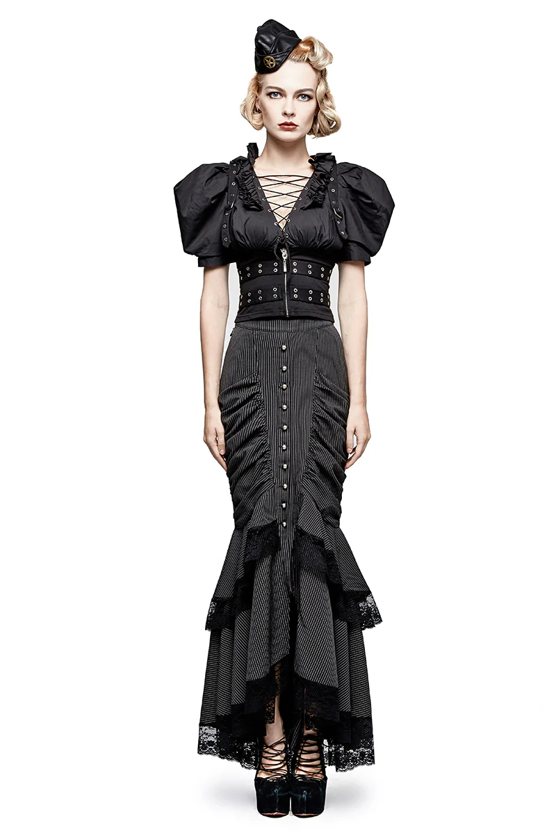 Steampunk Graceful Full-skirted Stripes Woven Fishtail Punk Skirt - Image 11