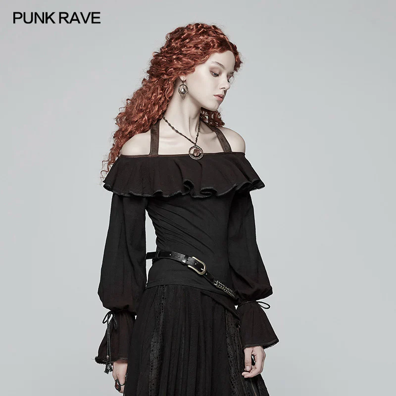 Steampunk Halter Neck Off-the-shoulder Long Sleeve T-shirt - Image 2