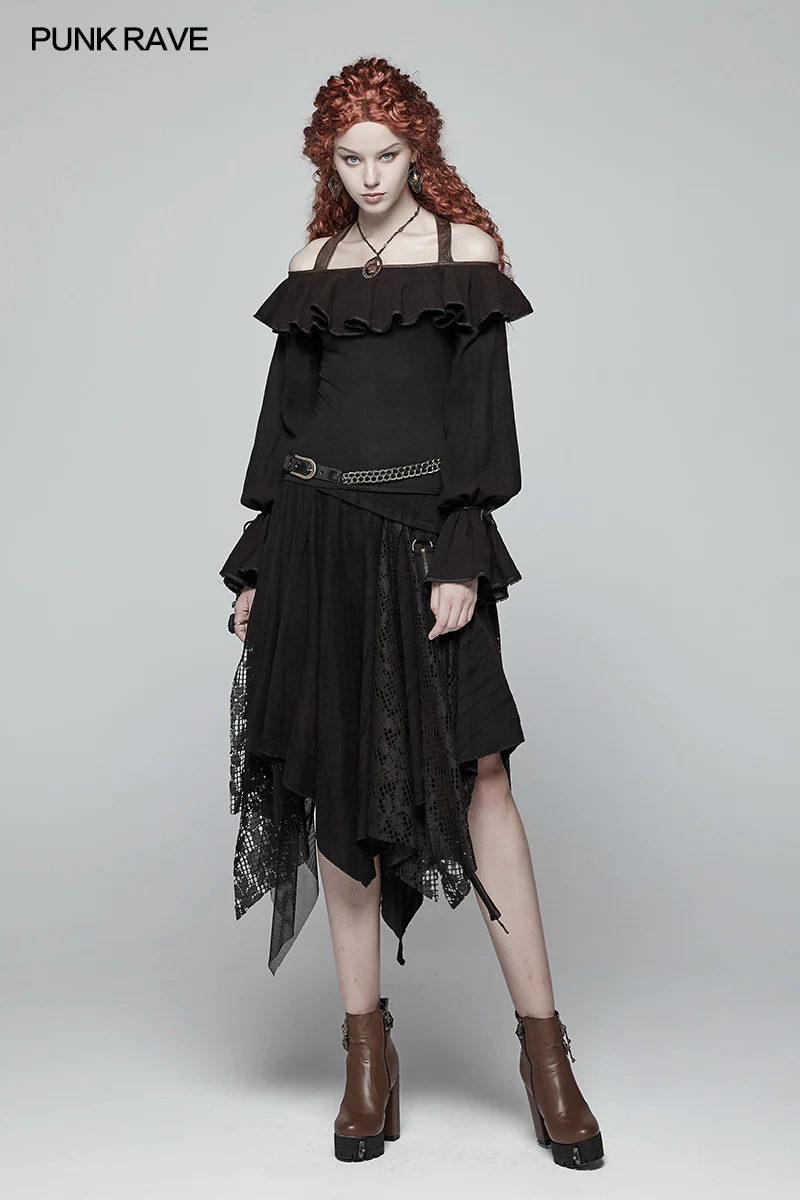 Steampunk Halter Neck Off-the-shoulder Long Sleeve T-shirt - Image 6