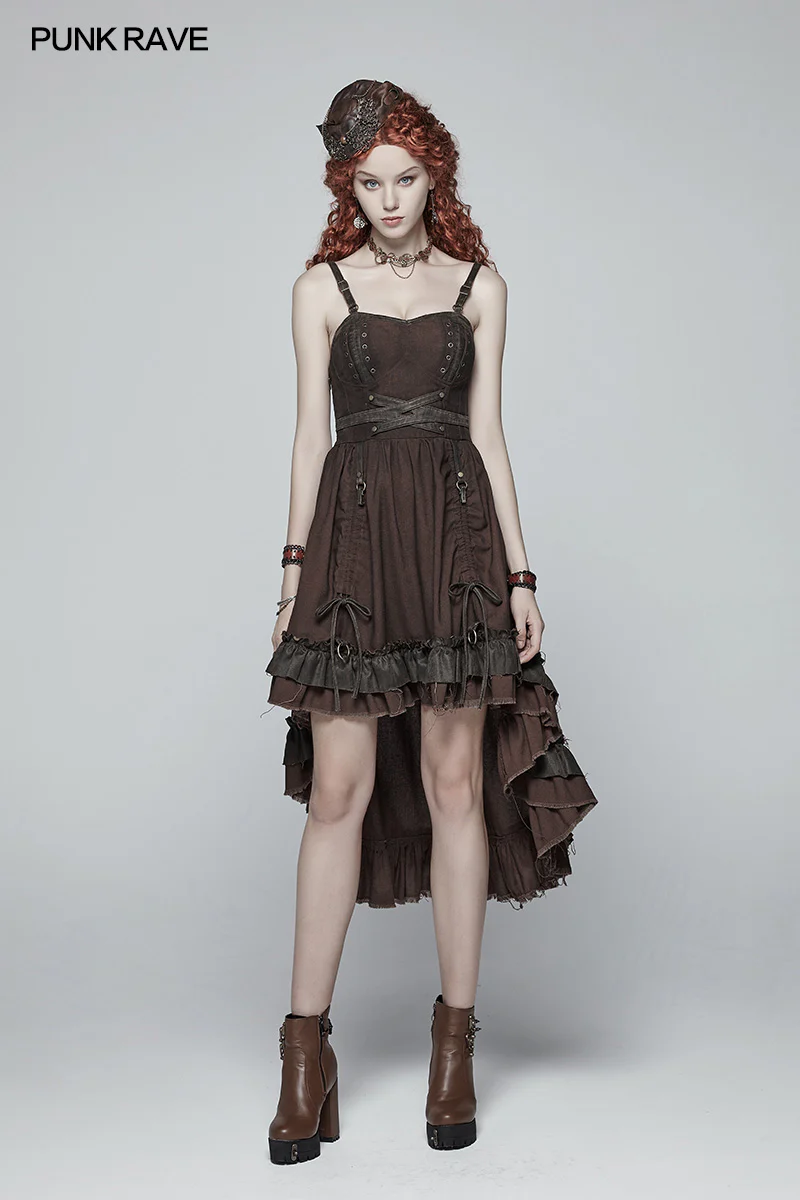 Steampunk Pleated Two-Layer Ruffled Hem High-Low Dress - Image 12