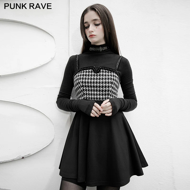 Swallow gird stitching suspenders punk little black dress