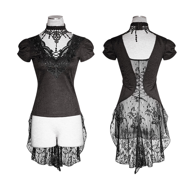Swallow Tail Jacquard Short Sleeve Lace Gothic T-shirts - Image 4