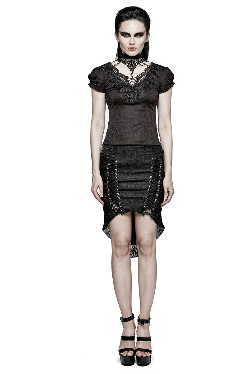 Swallow Tail Jacquard Short Sleeve Lace Gothic T-shirts - Image 6