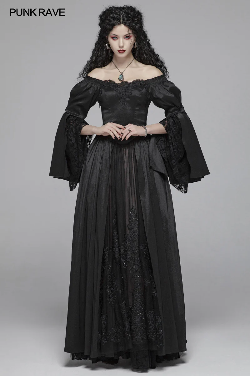 Victorian Gothic Off The Shoulder Long Sleeve Lace-up Dresses - Image 6