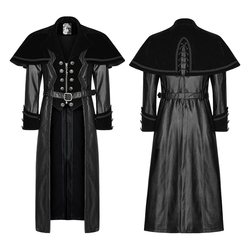 Winter Long Leather Velvet Gothic Coat With Active Belt - Image 4