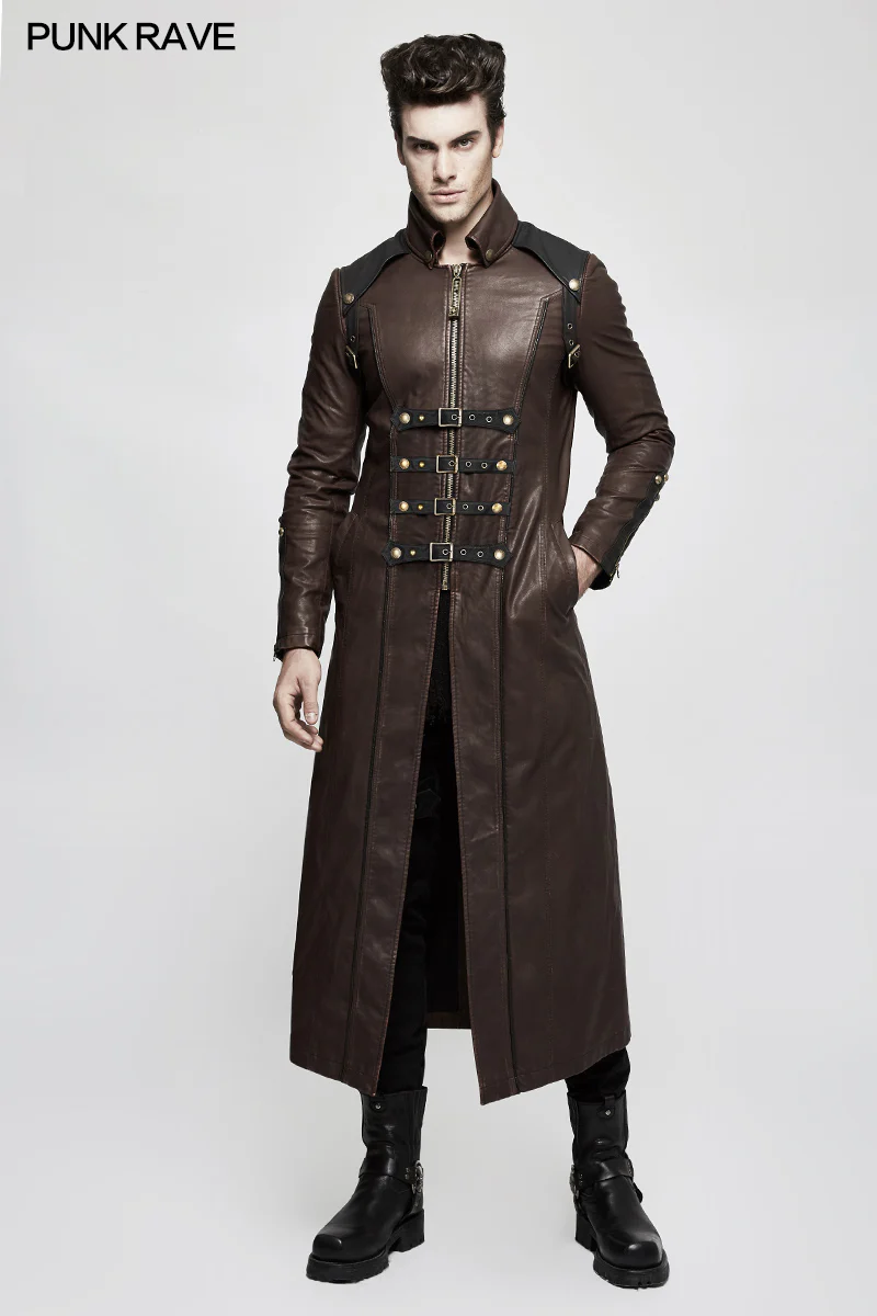 Winter Men Long Leather Punk Coat With Stand-up Collar - Image 12