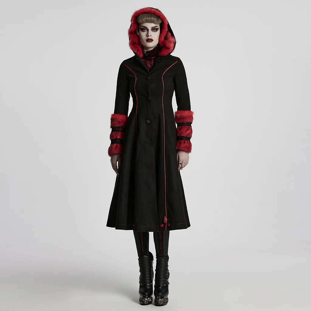 Winter Woolen Long Black Gothic Coat For Women Two Wear Imitation Fur Coat - Image 12