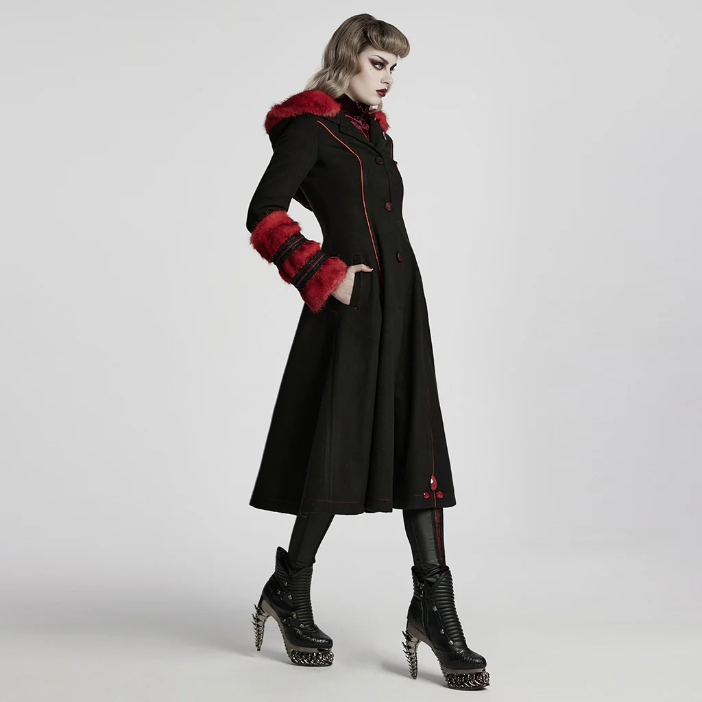 Winter Woolen Long Black Gothic Coat For Women Two Wear Imitation Fur Coat - Image 13