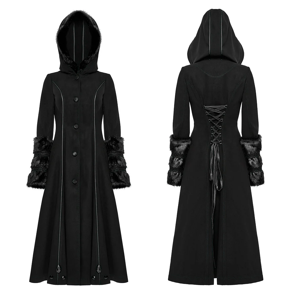 Winter Woolen Long Black Gothic Coat For Women Two Wear Imitation Fur Coat - Image 5