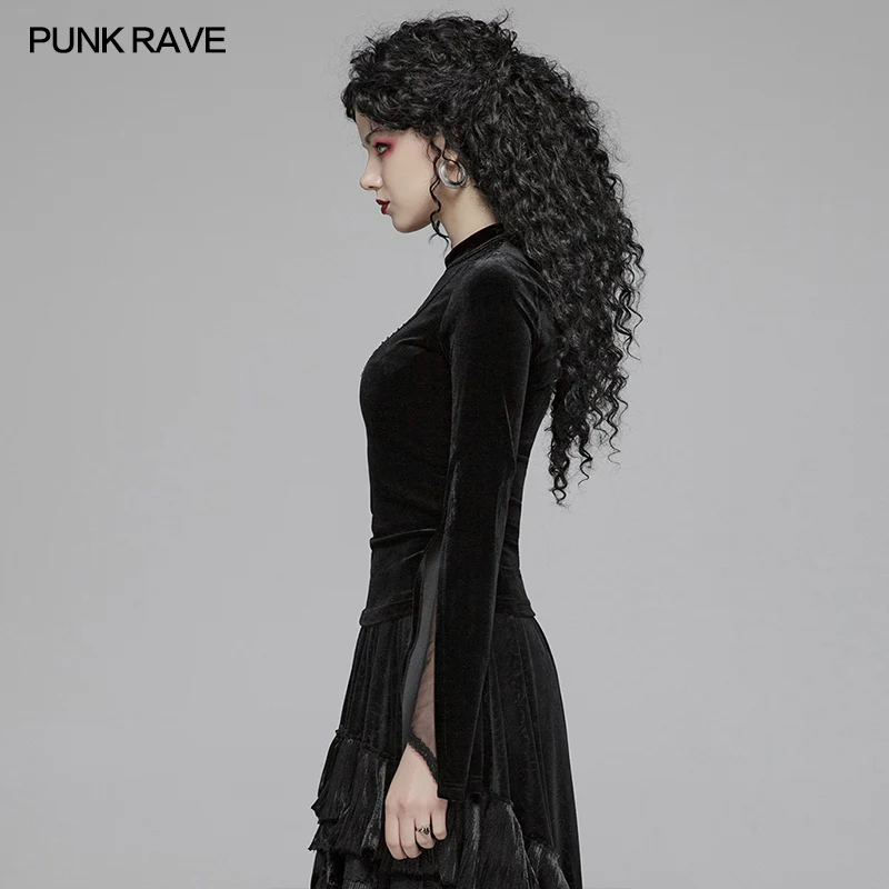Women Gothic Double Layer Sleeve Velvet Tulle T-shirt - Image 2