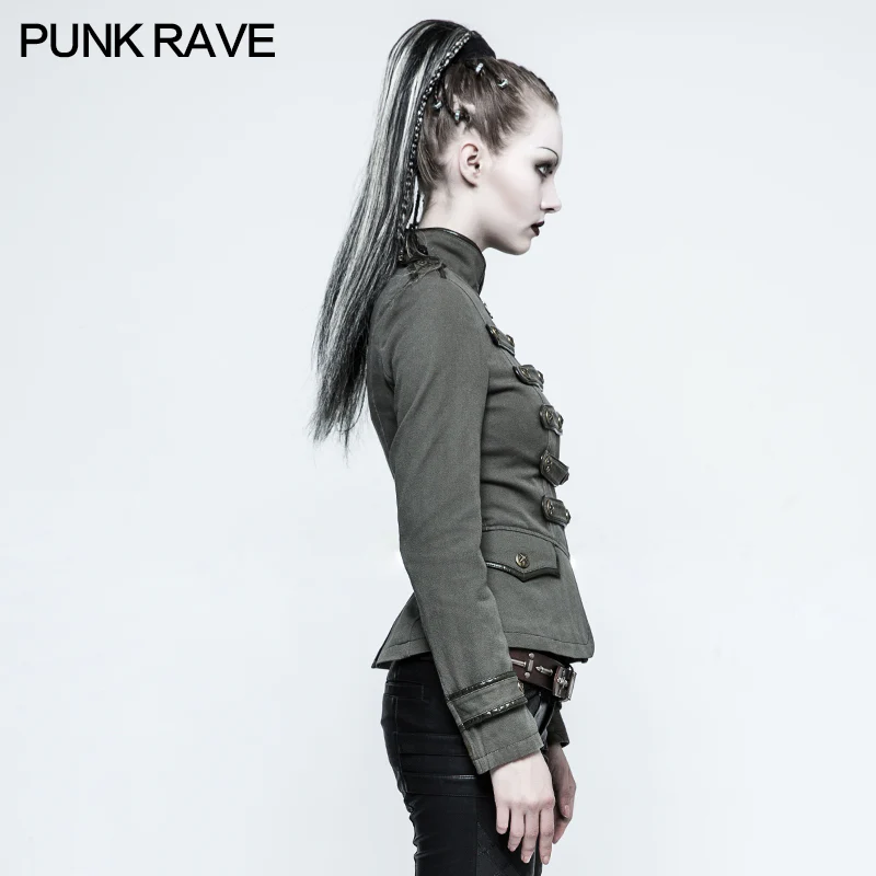 Women Military Uniform Green Short Punk Coat With Stand Collar - Image 2