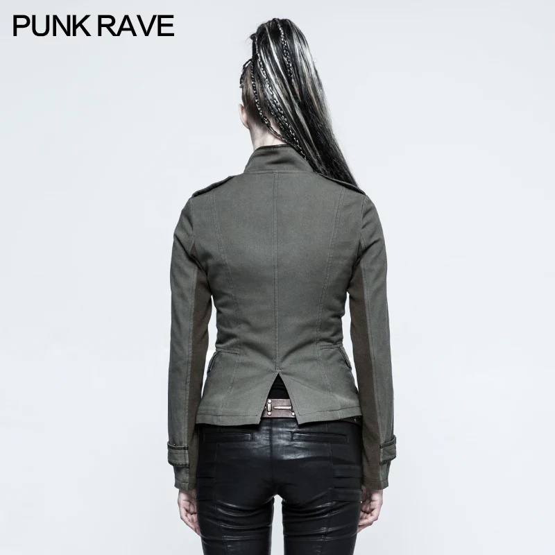 Women Military Uniform Green Short Punk Coat With Stand Collar - Image 3