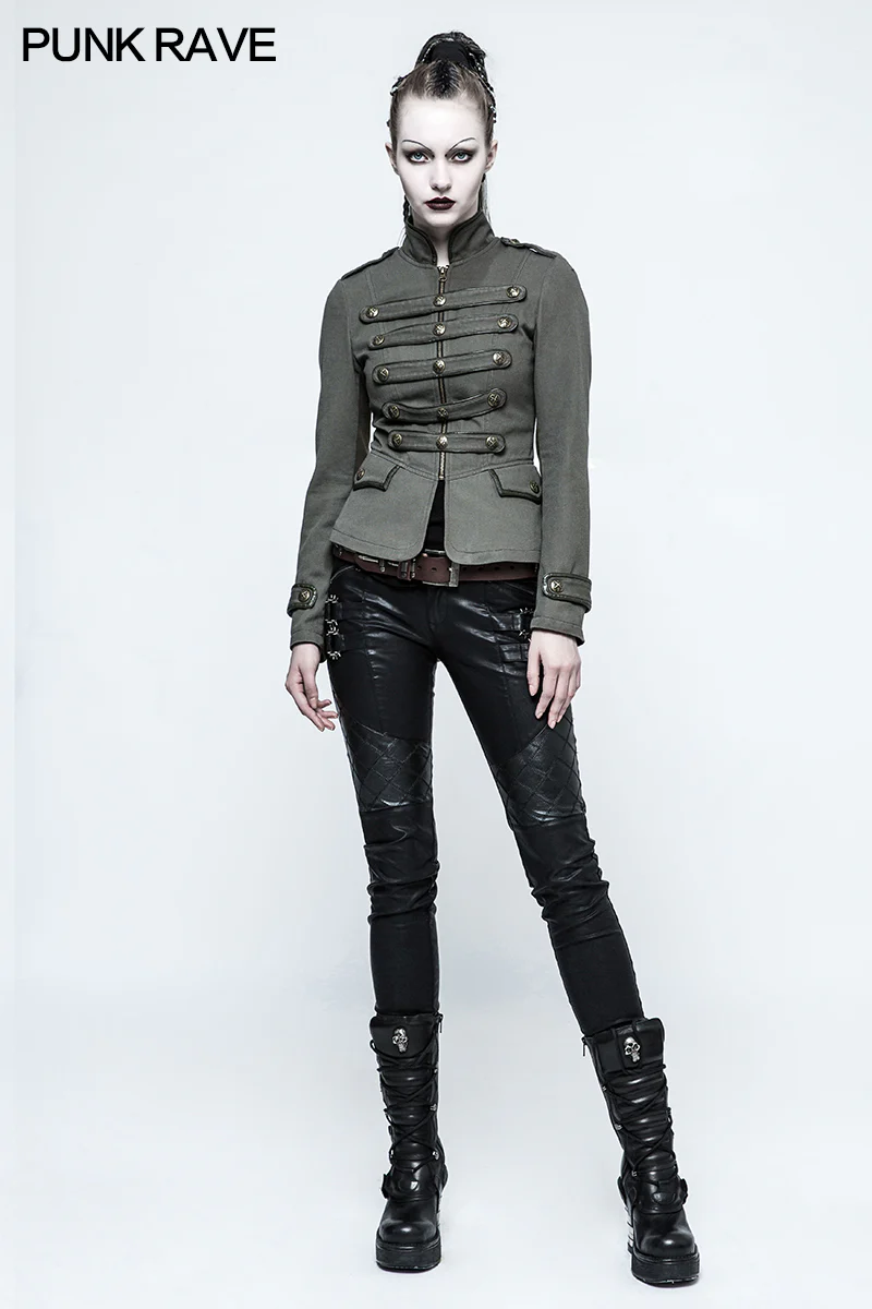 Women Military Uniform Green Short Punk Coat With Stand Collar - Image 6