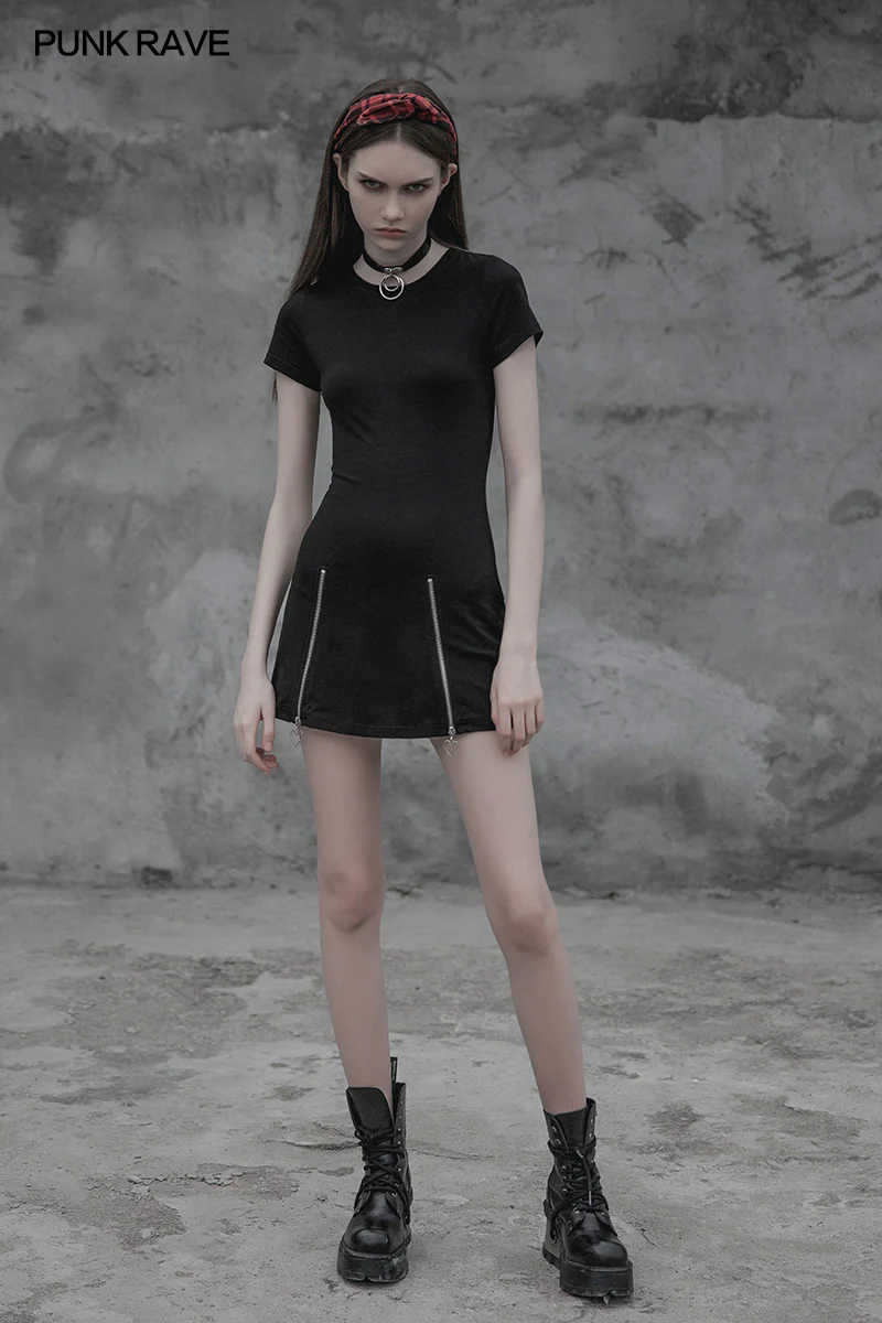 Women Minimalist Black Slim-Fitting Punk Dress With Love Pendant Zippers - Image 6